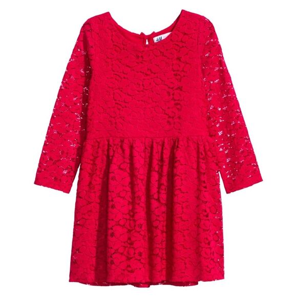 H&M Girls Bright Red Flower Floral Patterned Lace Valentine's Day Dress Size 4-6 - Picture 1 of 10